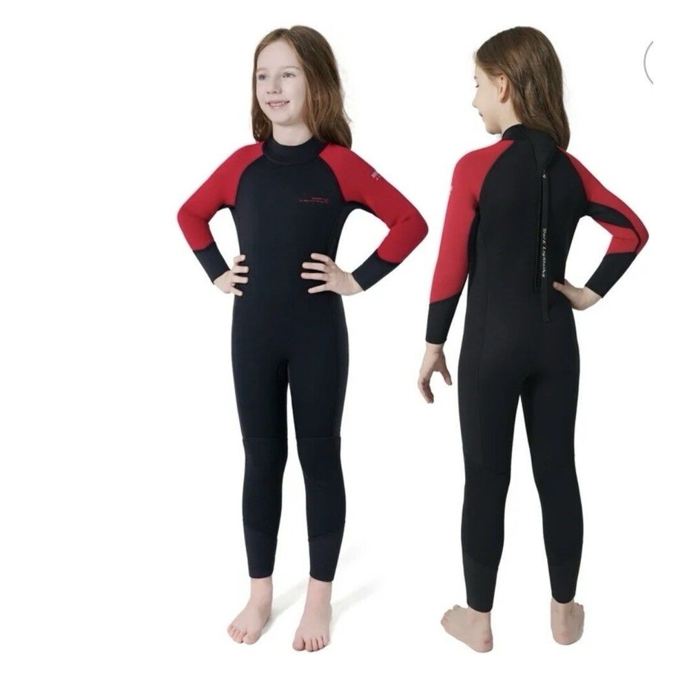 Kids L Dark Lightning Black and Red Super Stretchy Neoprene Wetsuit NWT